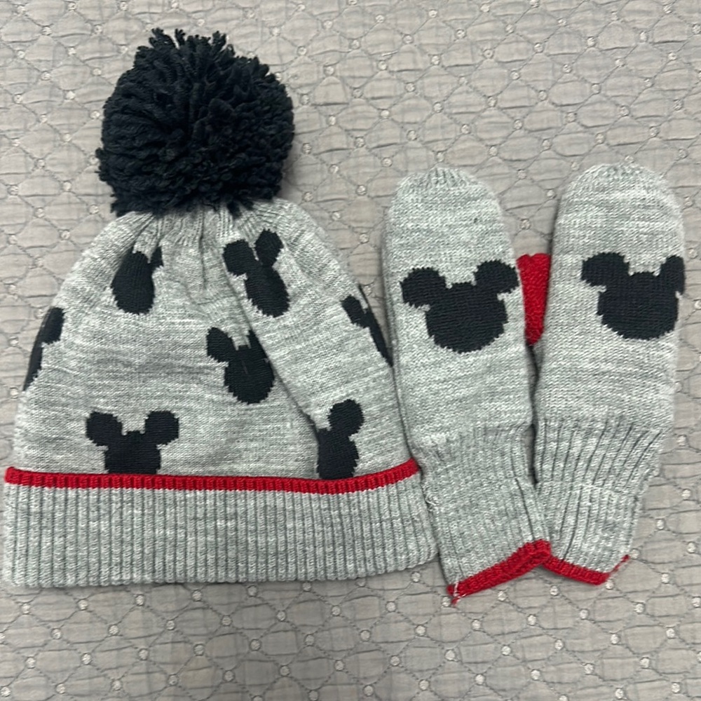 Kids Gray and Black Pom-Pom Beanie and Mittens Set